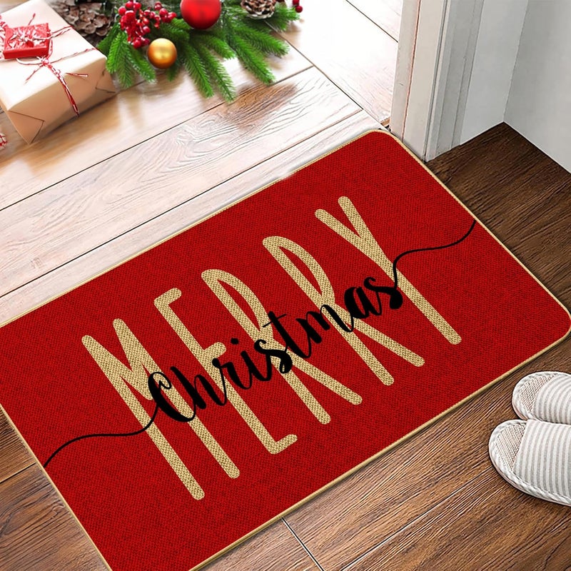 ARTDMT Red Merry Christmas Welcome Decorative Doormat, Winter Seasonal Door Mat Christmas Holiday Low-Profile Floor Switch Mat for Indoor Outdoor 17 x 29 Inch - Image 1
